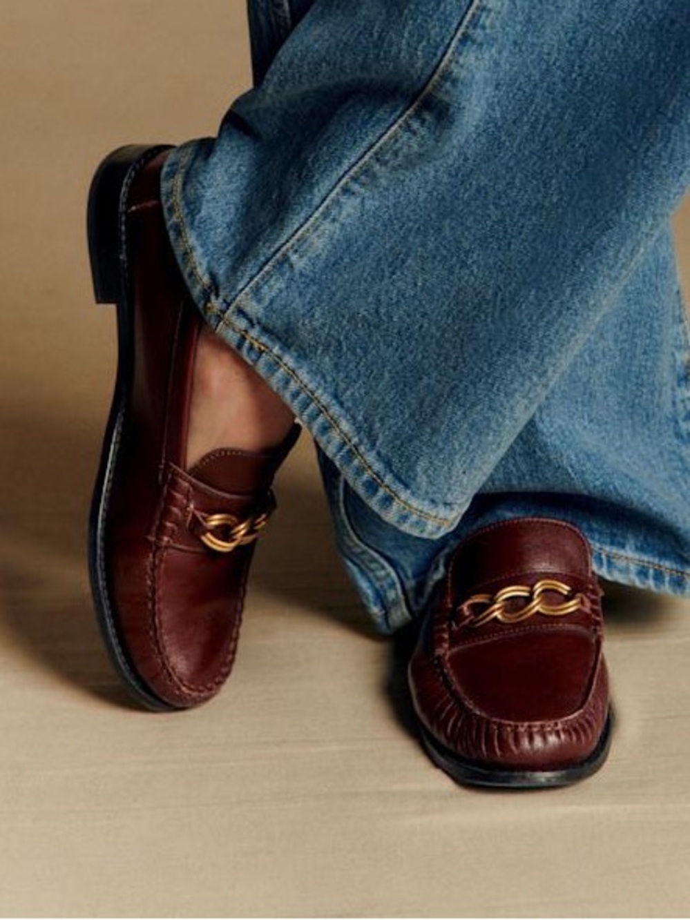 Sézane Smooth Chocolate Brown Leather Chain-Trim Vicky Loafers - Picture 5 of 10